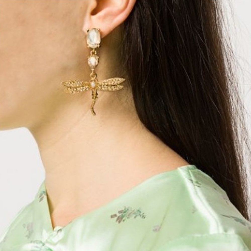 Oscar de la Renta Gold dragonfly drop earrings NEW - Picture 7 of 11